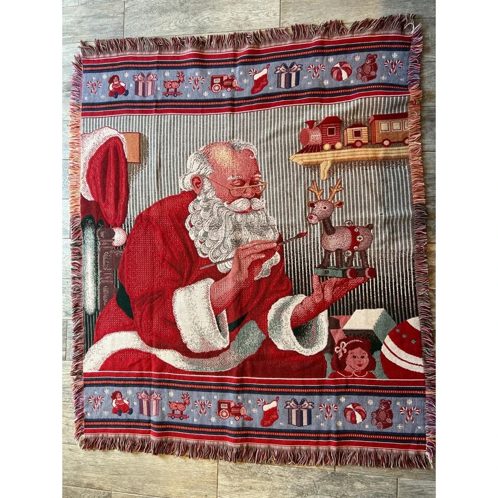 Woven Tapestry SANTA Claus Christmas Throw Blanket Afghan Fringe Holiday Cottage